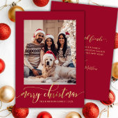 Elegant Gold Script One Photo Red Christmas  Feestdagenkaart