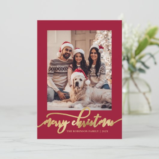 Elegant Gold Script One Photo Red Christmas  Feestdagenkaart (Staand voorkant)