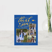 Elegant Gold Script op Blue 4 Photo Afstuderen Bedankkaart (Voorkant)