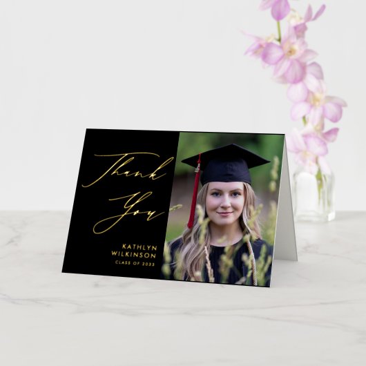 Elegant Gold Script op zwart Afstuderen Hartelijk  Folie Wenskaart (Orchidee)