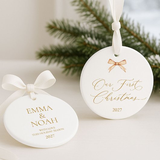 Elegant Gold Script “Our First Christmas”  Ornament