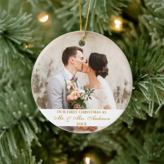 Elegant Gold Script Our First Kerst2 Photo Keramisch Ornament (Boom)