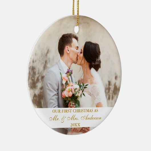 Elegant Gold Script Our First Kerst2 Photo Keramisch Ornament (Rechts)