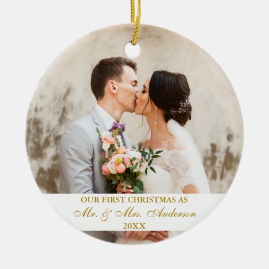 Elegant Gold Script Our First Kerst2 Photo Keramisch Ornament (Voorkant)