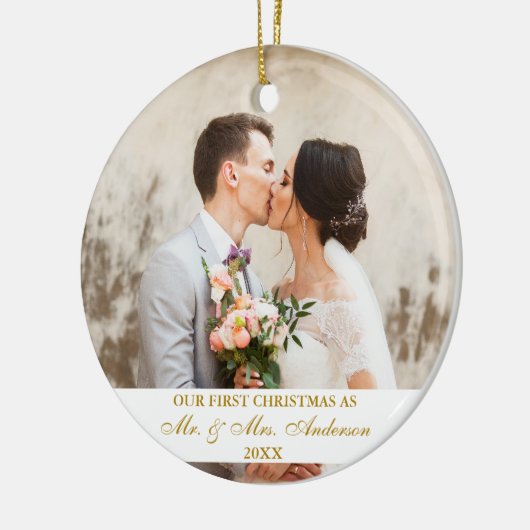 Elegant Gold Script Our First Kerst2 Photo Keramisch Ornament (Links)