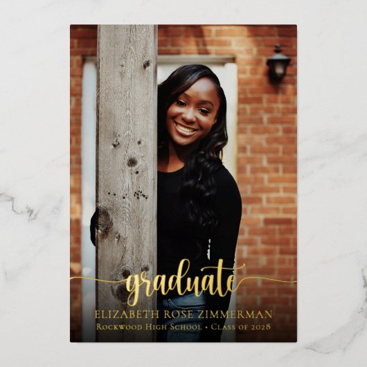 Elegant Gold Script Photo Afstuderen Folie Uitnodiging (Voorkant)