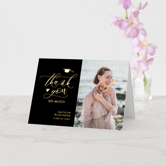 Elegant Gold Script Photo Afstuderen Hartelijk dan Folie Wenskaart (Orchidee)