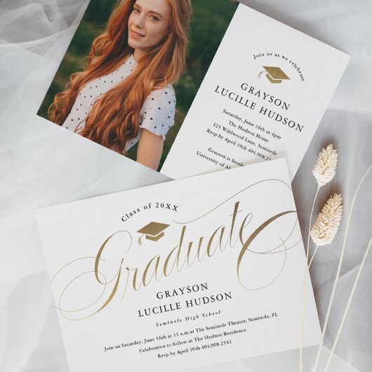 Elegant Gold Script Photo Afstuderen Kaart