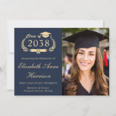 Elegant Gold Script Photo Blue College Graduation Aankondiging (Voorkant)