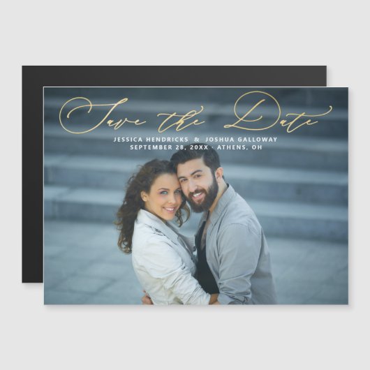 Elegant Gold Script Photo Save the Date Magnet Magnetische Uitnodiging (Voorkant / Achterkant)