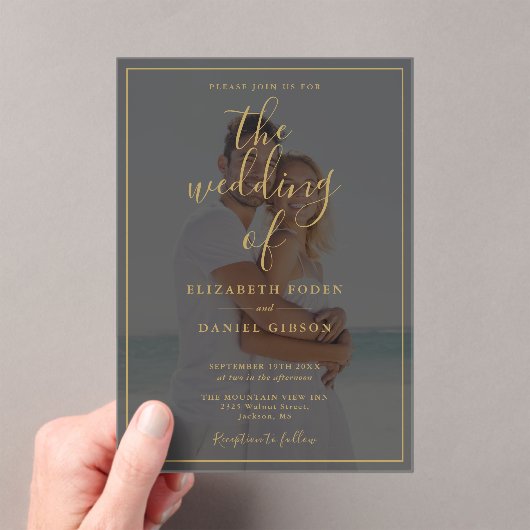 Elegant Gold Script Photo Wedding Acryl Uitnodigingen (Insitu (Draagbaar))
