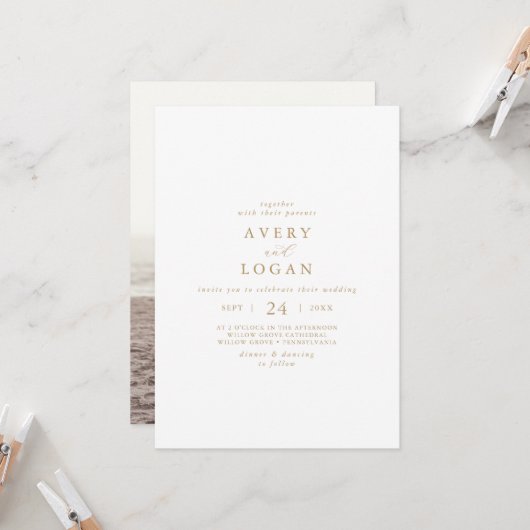 Elegant Gold Script Photo Wedding Kaart (Voorkant / Achterkant in situ)