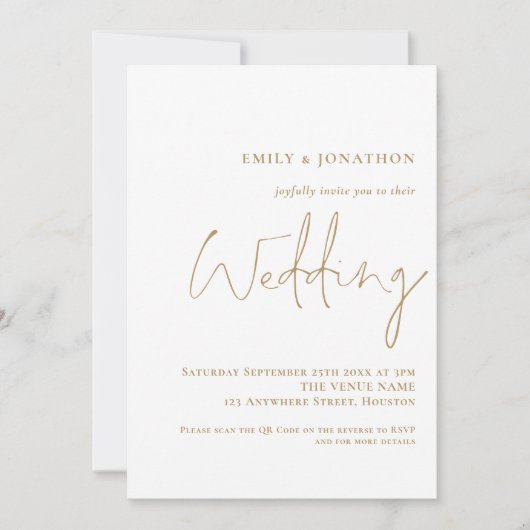 Elegant Gold Script QR Code Weddenschap Kaart (Voorkant)