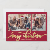 Elegant Gold Script Red 2 Photo Collage Christmas Feestdagenkaart (Voorkant)
