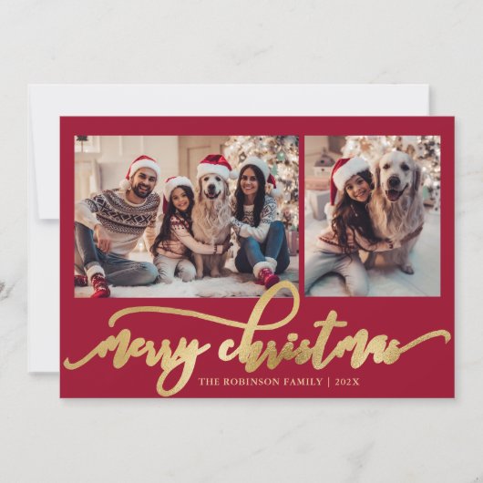 Elegant Gold Script Red 2 Photo Collage Christmas Feestdagenkaart (Voorkant)