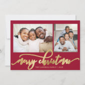 Elegant Gold Script Red 2 Photo Collage Christmas Feestdagenkaart (Voorkant)