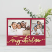 Elegant Gold Script Red 2 Photo Collage Christmas Feestdagenkaart (Staand voorkant)