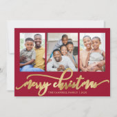 Elegant Gold Script Red 3 Photo Collage Christmas Feestdagenkaart (Voorkant)