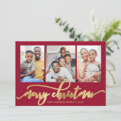 Elegant Gold Script Red 3 Photo Collage Christmas Feestdagenkaart (Staand voorkant)