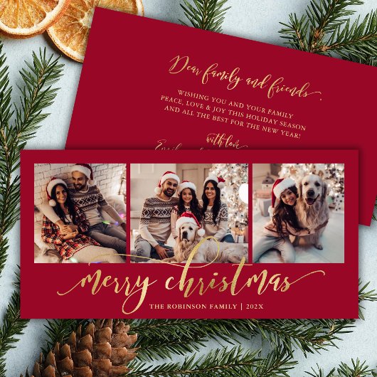 Elegant Gold Script Red 3 Photo Collage Christmas Feestdagenkaart