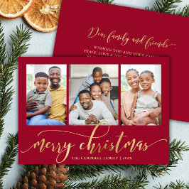 Elegant Gold Script Red 3 Photo Collage Christmas Feestdagenkaart