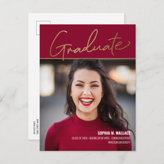 Elegant Gold Script Red Photo University Afstudere Aankondigingskaart (Voorkant / Achterkant)