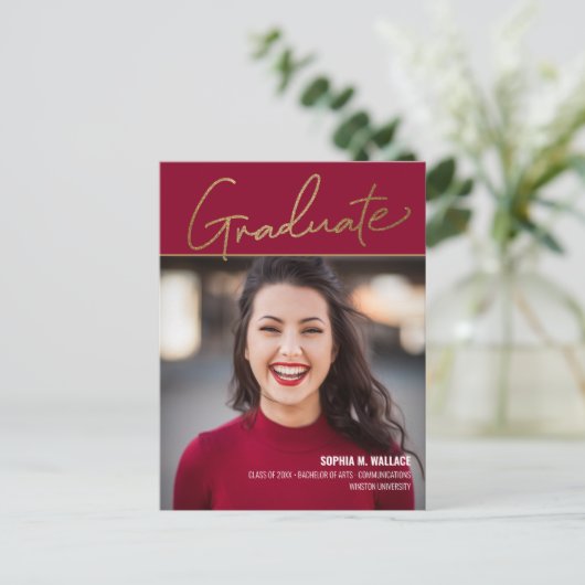 Elegant Gold Script Red Photo University Afstudere Aankondigingskaart (Staand voorkant)