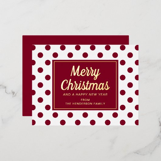Elegant Gold Script Red Polka Dots Merry Kerstmis Folie Feestdagen Briefkaart (Voorkant / Achterkant)