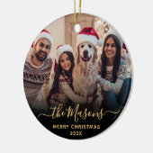 Elegant Gold Script-serie Foto met prettig kerstfe Keramisch Ornament (Links)