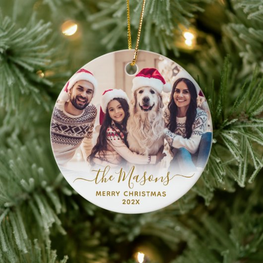 Elegant Gold Script-serie Foto met prettig kerstfe Keramisch Ornament (Boom)