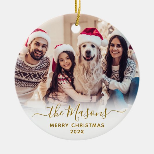 Elegant Gold Script-serie Foto met prettig kerstfe Keramisch Ornament (Voorkant)