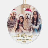 Elegant Gold Script-serie Foto met prettig kerstfe Keramisch Ornament (Links)