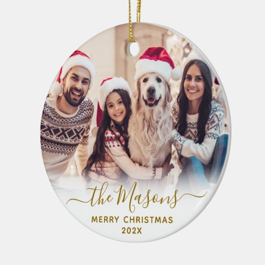 Elegant Gold Script-serie Foto met prettig kerstfe Keramisch Ornament (Links)