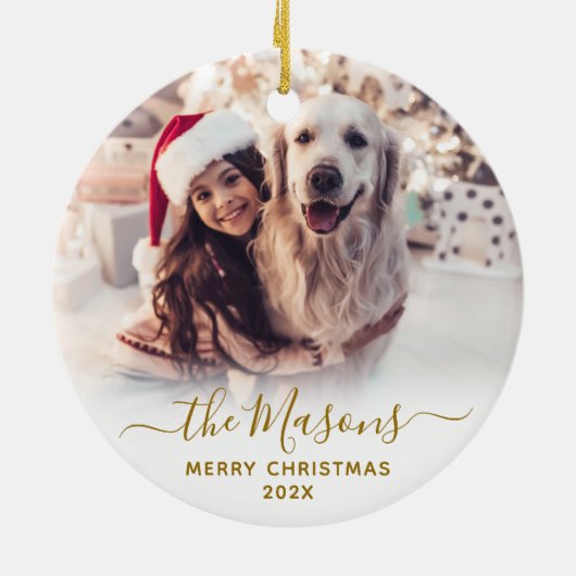 Elegant Gold Script-serie Foto met prettig kerstfe Keramisch Ornament (Achterkant)