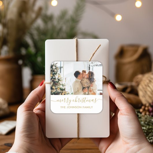 Elegant Gold Script-serie Foto met prettig kerstfe Vierkante Sticker