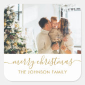 Elegant Gold Script-serie Foto met prettig kerstfe Vierkante Sticker (Voorkant)