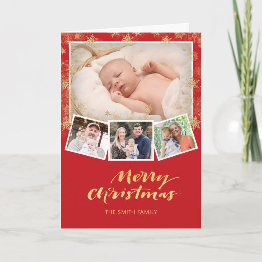 Elegant Gold Script Snowflakes Modern Red Festive Feestdagen Kaart (Voorkant)