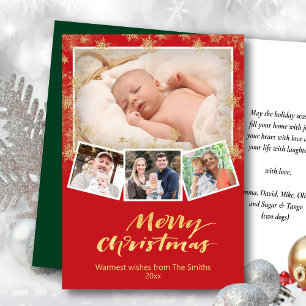 Elegant Gold Script Snowflakes Modern Red Festive Feestdagen Kaart