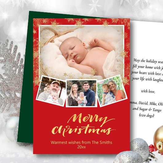 Elegant Gold Script Snowflakes Modern Red Festive Feestdagen Kaart