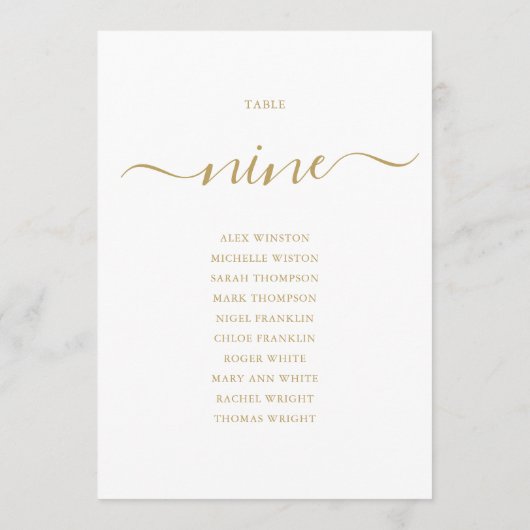 Elegant Gold Script Table Number 9 Seating Chart Kaart (Achterkant)