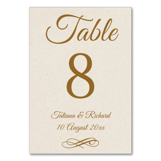 Elegant Gold Script Table Number Kaart (Voorkant)