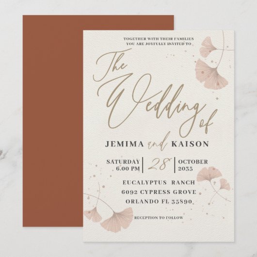 Elegant Gold Script Terracotta Wedding Invitation Kaart (Voorkant / Achterkant)