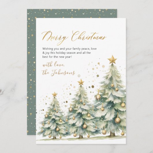 Elegant Gold Script Watercolor Christmas Tree  Feestdagenkaart (Voorkant / Achterkant)