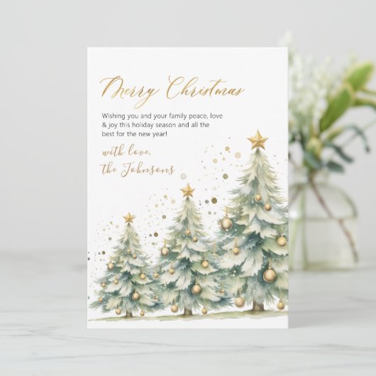 Elegant Gold Script Watercolor Christmas Tree Feestdagenkaart (Staand voorkant)