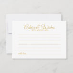 Elegant Gold Script Wedding Advice en Wishes Kaart<br><div class="desc">Voeg een persoonlijke aanraking toe aan uw bruiloft met een elegante trouwraad en wenskaart. Deze advieskaart is voorzien van een titel in de gouden moderne, elegante lettertypestijl voor calligrafie en van details in gouden sans serif lettertypestijl op een witte achtergrond. Ideaal voor bruiloft, baby shower, verjaardagsfeest, vrijgezellenfeest, bachelorette en alle...</div>