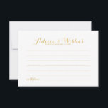 Elegant Gold Script Wedding Advice en Wishes Kaart<br><div class="desc">Voeg een persoonlijke aanraking toe aan uw bruiloft met een elegante trouwraad en wenskaart. Deze advieskaart is voorzien van een titel in de gouden moderne, elegante lettertypestijl voor calligrafie en van details in gouden sans serif lettertypestijl op een witte achtergrond. Ideaal voor bruiloft, baby shower, verjaardagsfeest, vrijgezellenfeest, bachelorette en alle...</div>