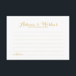 Elegant Gold Script Wedding Advice en Wishes Kaart<br><div class="desc">Voeg een persoonlijke aanraking toe aan uw bruiloft met een elegante trouwraad en wenskaart. Deze advieskaart is voorzien van een titel in de gouden moderne, elegante lettertypestijl voor calligrafie en van details in gouden sans serif lettertypestijl op een witte achtergrond. Ideaal voor bruiloft, baby shower, verjaardagsfeest, vrijgezellenfeest, bachelorette en alle...</div>