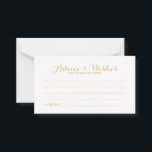 Elegant Gold Script Wedding Advice en Wishes Kaart<br><div class="desc">Voeg een persoonlijke aanraking toe aan uw bruiloft met een elegante trouwraad en wenskaart. Deze advieskaart is voorzien van een titel in de gouden moderne, elegante lettertypestijl voor calligrafie en van details in de gouden moderne sans serif lettertypestijl op een witte achtergrond. Ideaal voor bruiloft, baby shower, verjaardagsfeest, vrijgezellenfeest, bachelorette...</div>