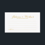 Elegant Gold Script Wedding Advice en Wishes Kaart<br><div class="desc">Voeg een persoonlijke aanraking toe aan uw bruiloft met een elegante trouwraad en wenskaart. Deze advieskaart is voorzien van een titel in de gouden moderne, elegante lettertypestijl voor calligrafie en van details in de gouden moderne sans serif lettertypestijl op een witte achtergrond. Ideaal voor bruiloft, baby shower, verjaardagsfeest, vrijgezellenfeest, bachelorette...</div>