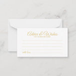 Elegant Gold Script Wedding Advice en Wishes Kaart<br><div class="desc">Voeg een persoonlijke aanraking toe aan uw bruiloft met een elegante trouwraad en wenskaart. Deze advieskaart is voorzien van een titel in de gouden moderne, elegante lettertypestijl voor calligrafie en van details in de gouden moderne sans serif lettertypestijl op een witte achtergrond. Ideaal voor bruiloft, baby shower, verjaardagsfeest, vrijgezellenfeest, bachelorette...</div>